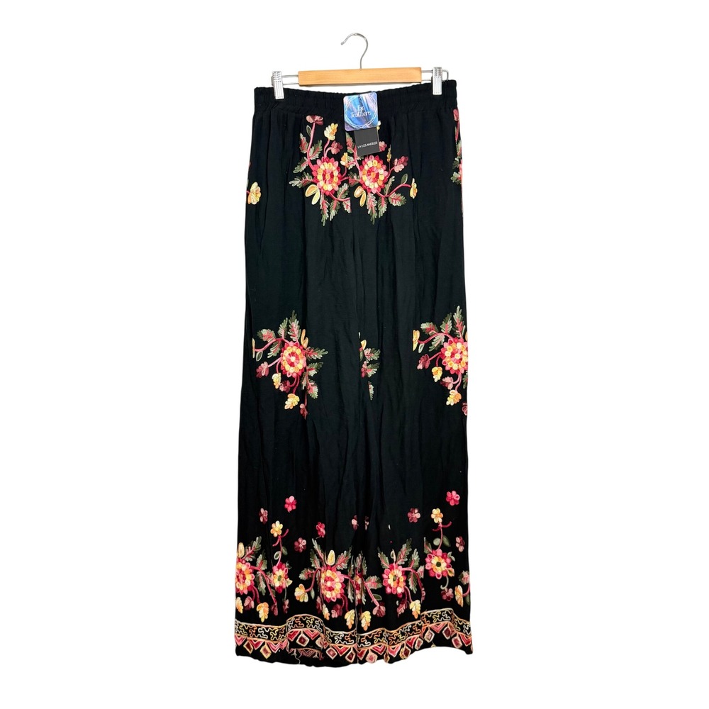 Liv Los Angeles Women Black Floral Embroidered Wide Leg Boho Pants Large NWT
